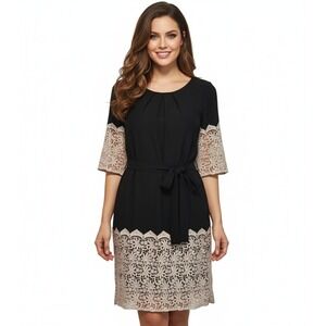 Gianni Bini Mini Dress Womens Small Black Lace Sleeve & Hem Detail Belted Casual